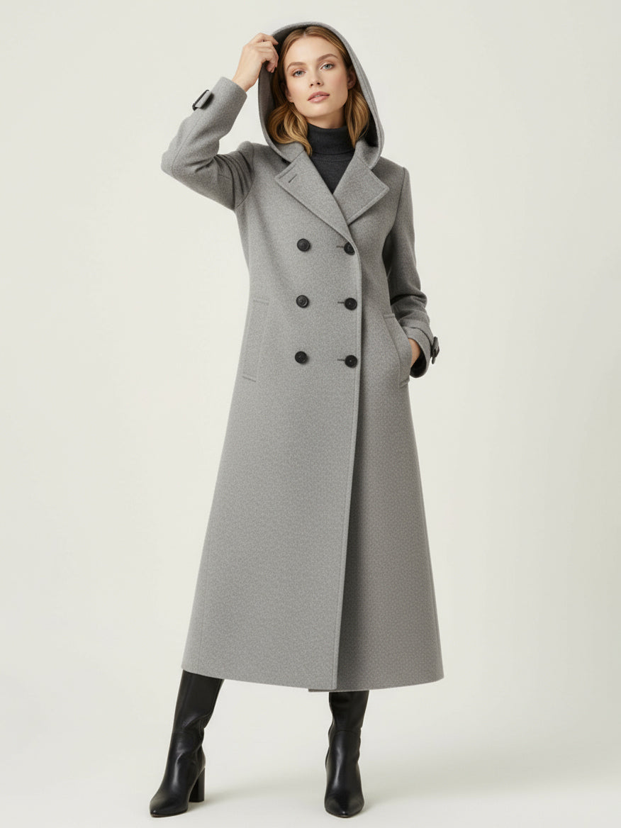 Hooded Double-Breasted Long Woolen Coat With Cuff Tabs For Women 2026