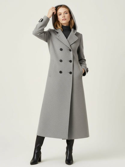 Hooded Double-Breasted Long Woolen Coat With Cuff Tabs For Women 2026