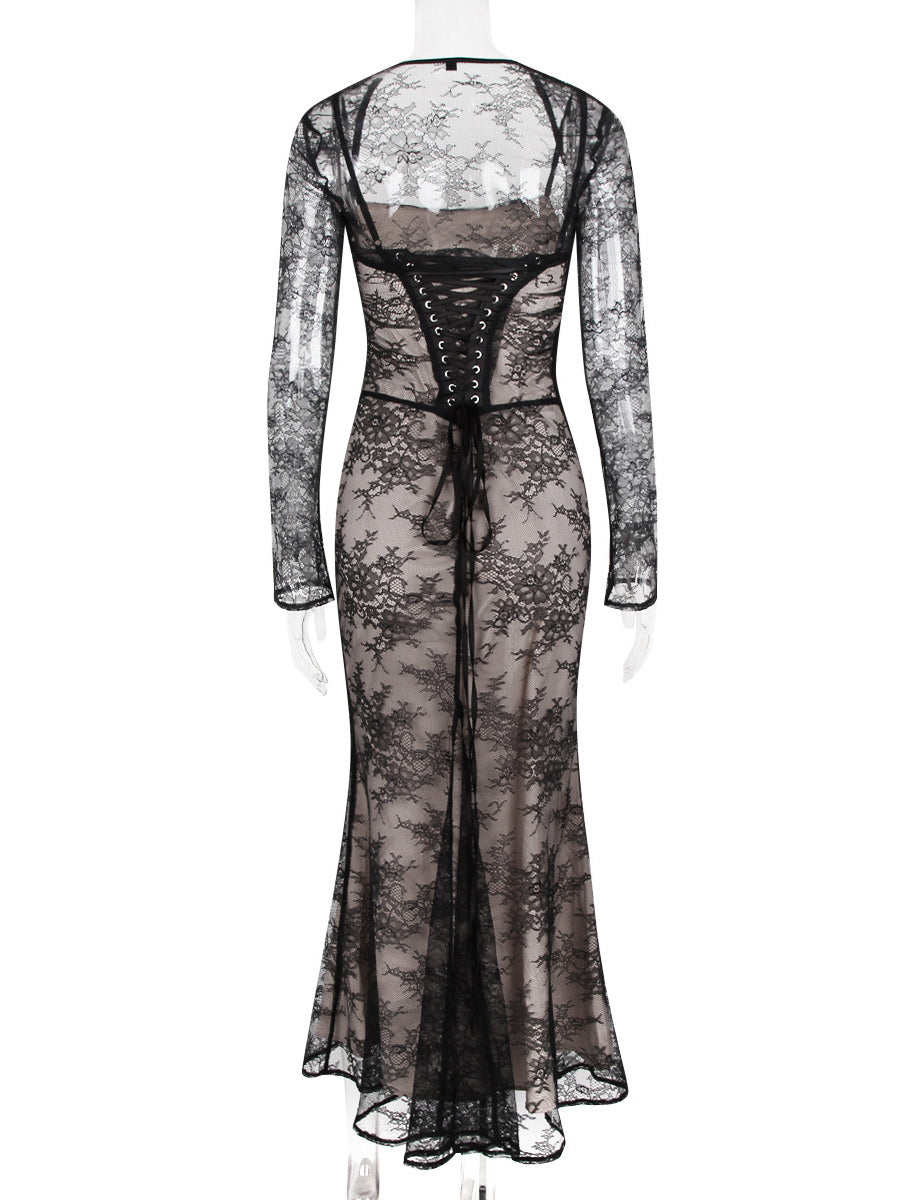 Trumpet Dress Lace-up Cutout Floral Embroidery Long Sleeves Prom Dresses