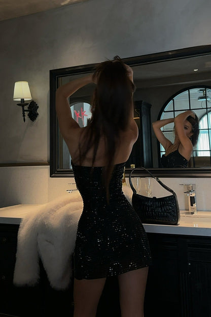 Sequin Embellished Spaghetti Strap Scoop Neck Bodycon Mini Dress