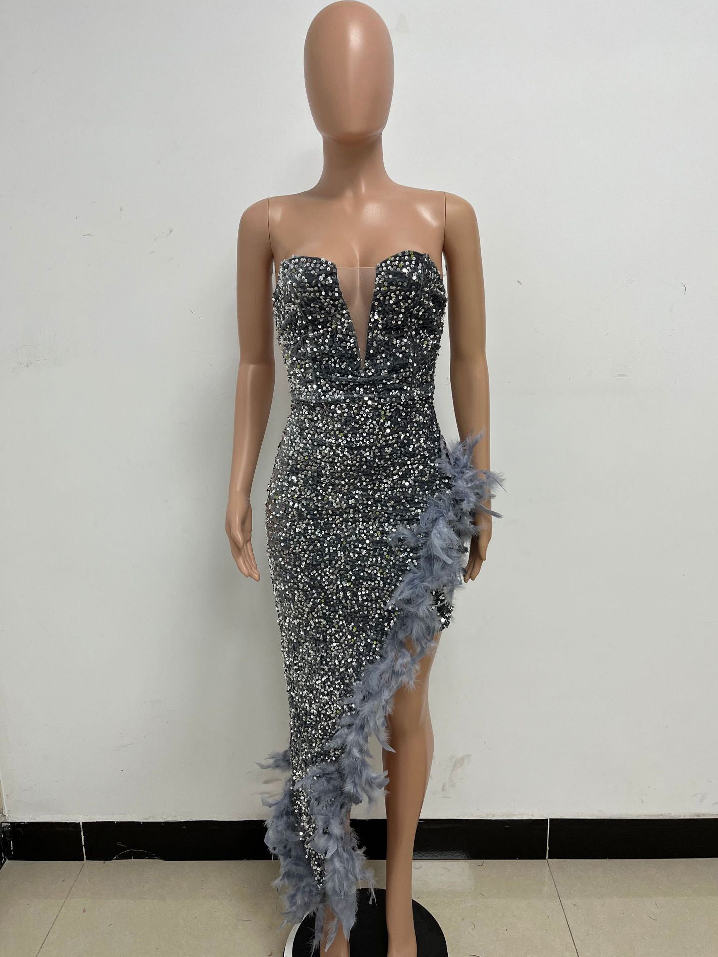 Burgundy Sequin Dresses Strapless Plunge Lace-up Back Feather Birthday Party Dresses