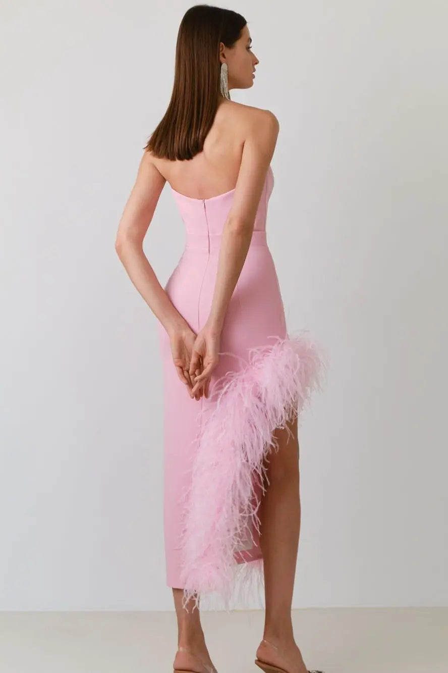 Feather Trim Corset-Boned Sweetheart Strapless High Slit Bodycon Midi Dress