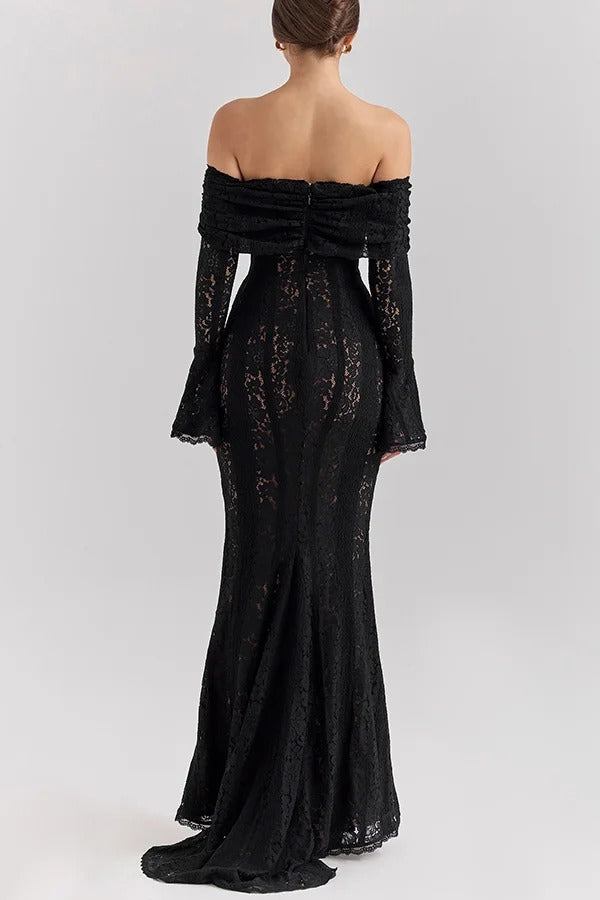 Floral Lace Off Shoulder Flare Sleeve Fishtail Maxi Dresses-White