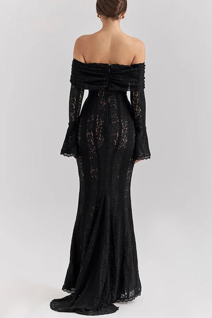 Floral Lace Off Shoulder Flare Sleeve Fishtail Maxi Dresses-White