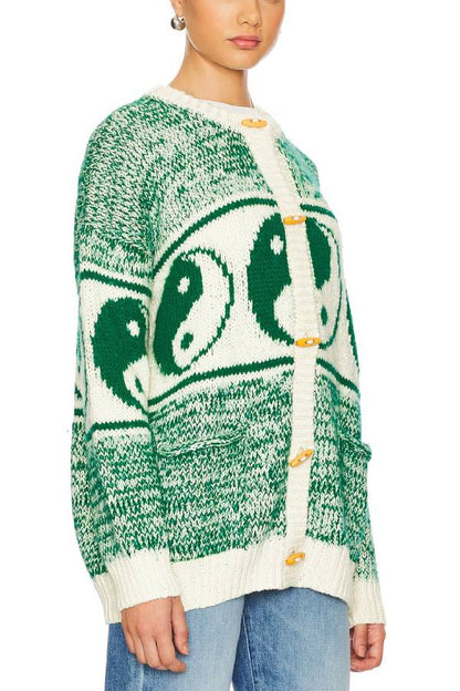 Opposites Attract Knit Yin-yangs Print Crewneck Oversized Cardigan