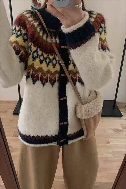 Crew Neck Fair Isle Christmas Horn Button Knit Cardigan