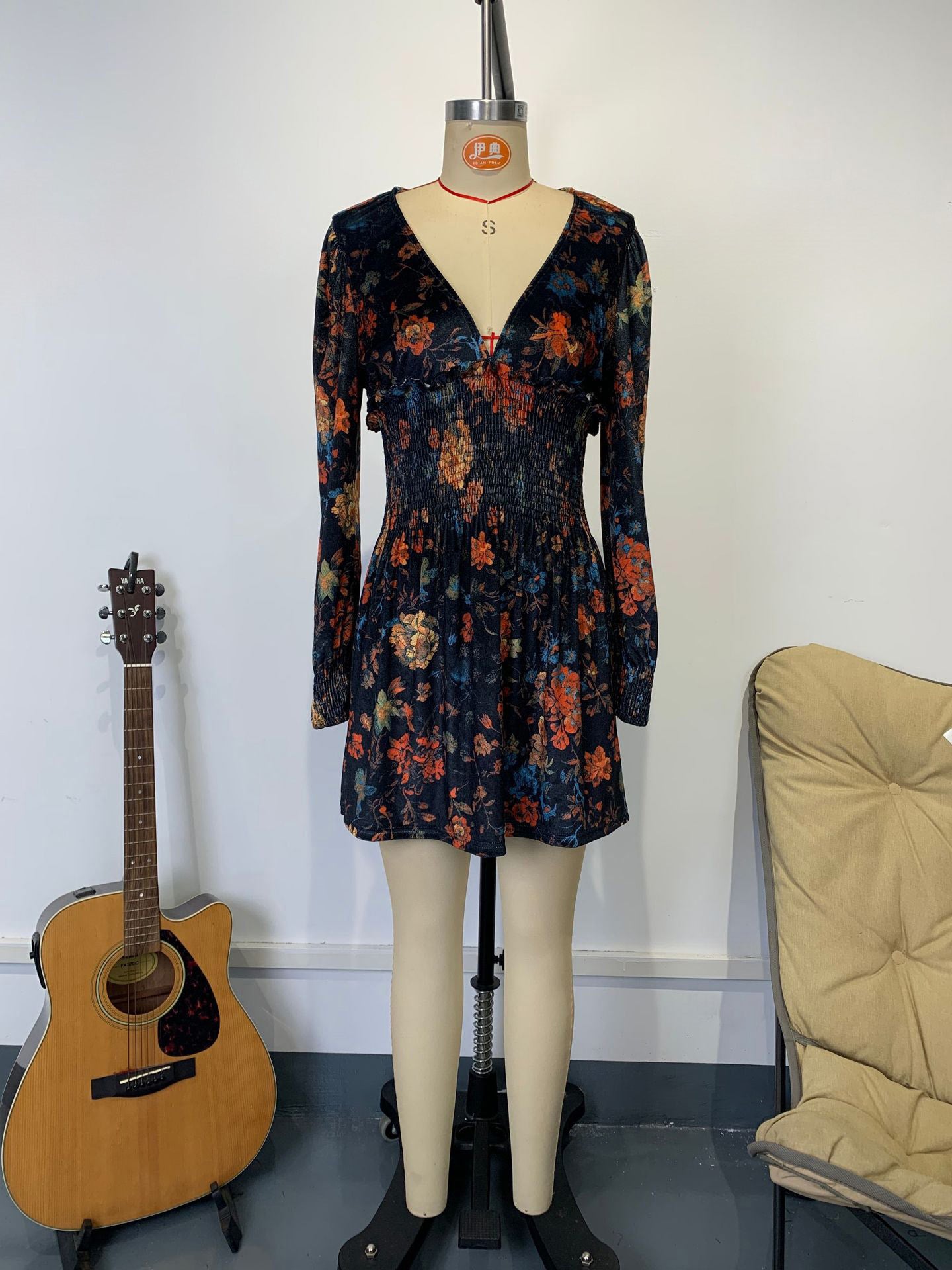 Vintage Smocked Waist V-Neck Long Sleeve Floral Print Mini Dress For Women 2026