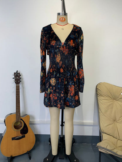 Vintage Smocked Waist V-Neck Long Sleeve Floral Print Mini Dress For Women 2026