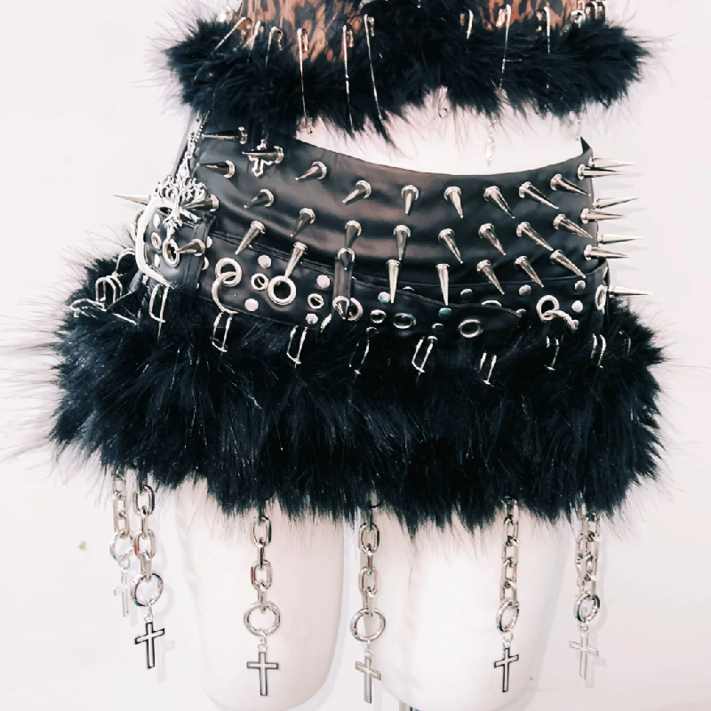 Leopard print fluffy rivet PU leather top