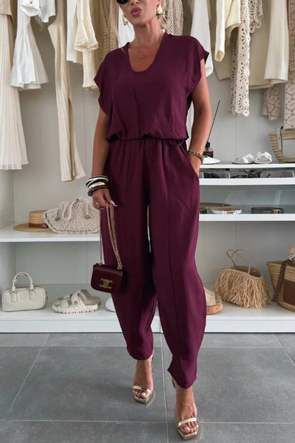 Linen Blend Solid Color V-neck Short-sleeved Top and Elastic Waist Pocket Bloomers Pants Set