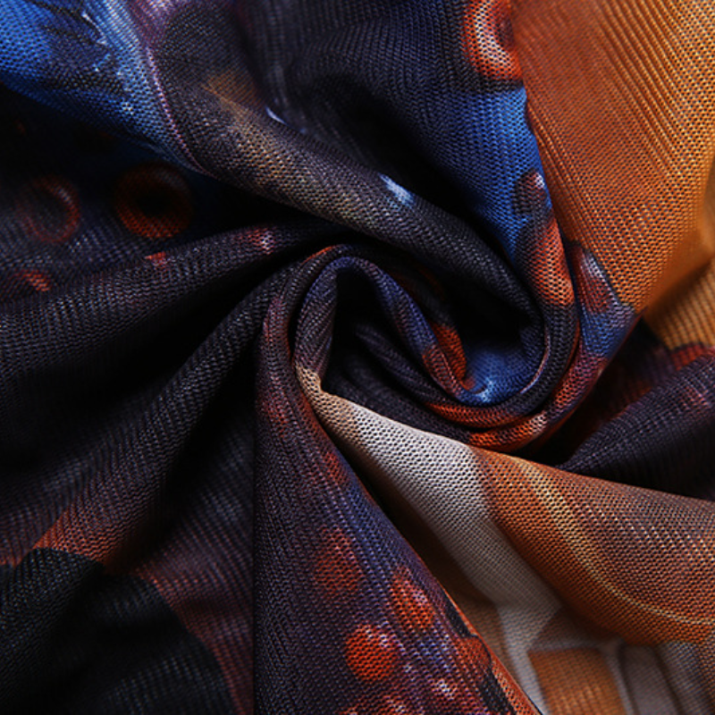 Long sleeve self tie sheer mesh print maxi dress