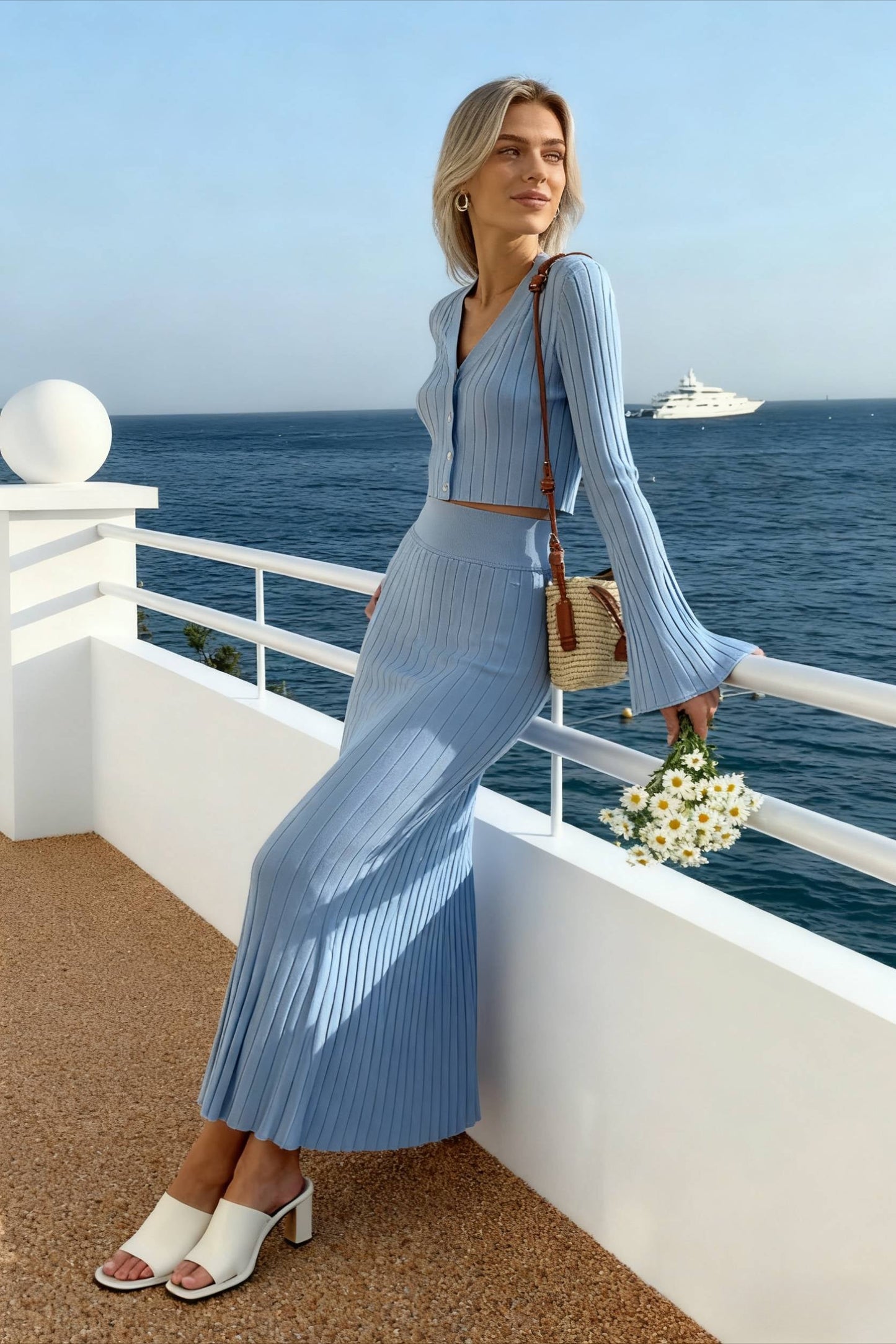 V Neck Knit Cardigan Slim Skirt Two Piece Set