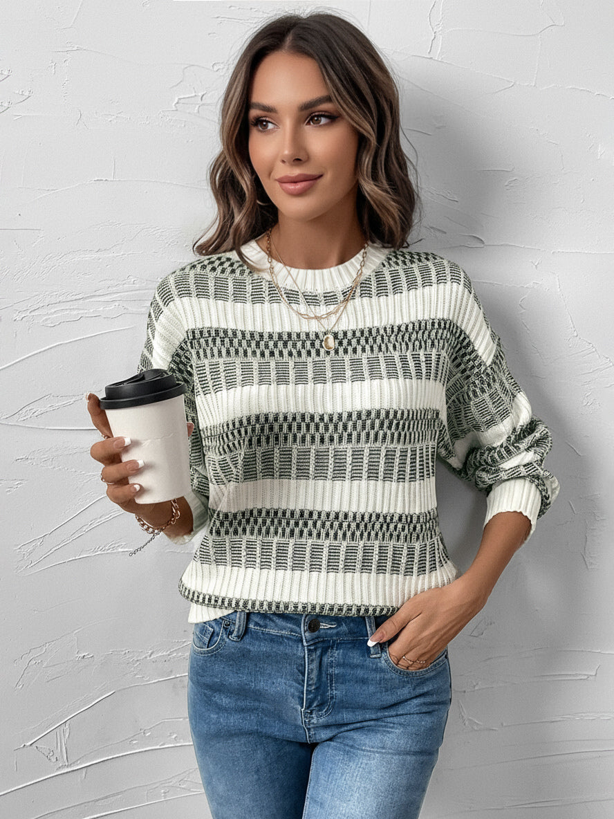Women Pullover Sweater Hunter Green Two-Tone Jewel Neck Long Sleeves Layered Acrylic Sweaters