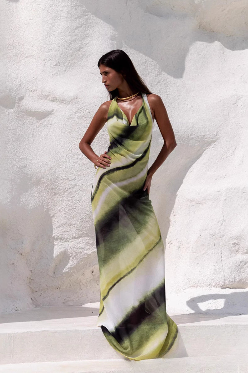 V-Neck Bodycon Backless Digital Print Silk Maxi Dress