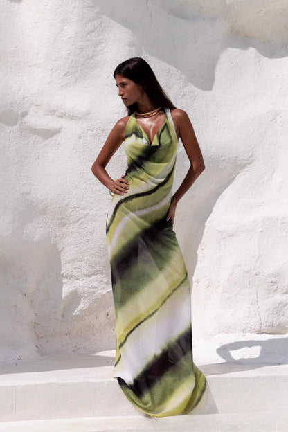 V-Neck Bodycon Backless Digital Print Silk Maxi Dress