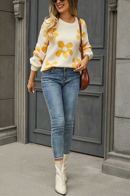 Floral Print Color Block Pullover Long Sleeve Sweater