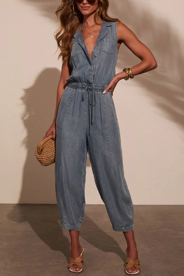 Stylish Collared Sleeveless Elastic Waist Tie Casual Pocket Denim Jumpsuit