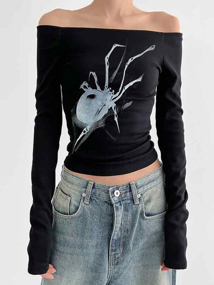 Spider Print Off Shoulder Slim Long Sleeve Tee