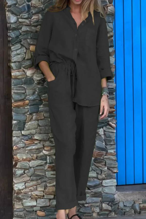 Casual Solid Color V-Neck Shirt & Pants Cotton Linen Two-Piece Set