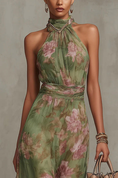 Floral Print Halter Neck Sleeveless Fitted Waist Casual Vacation Maxi Dress
