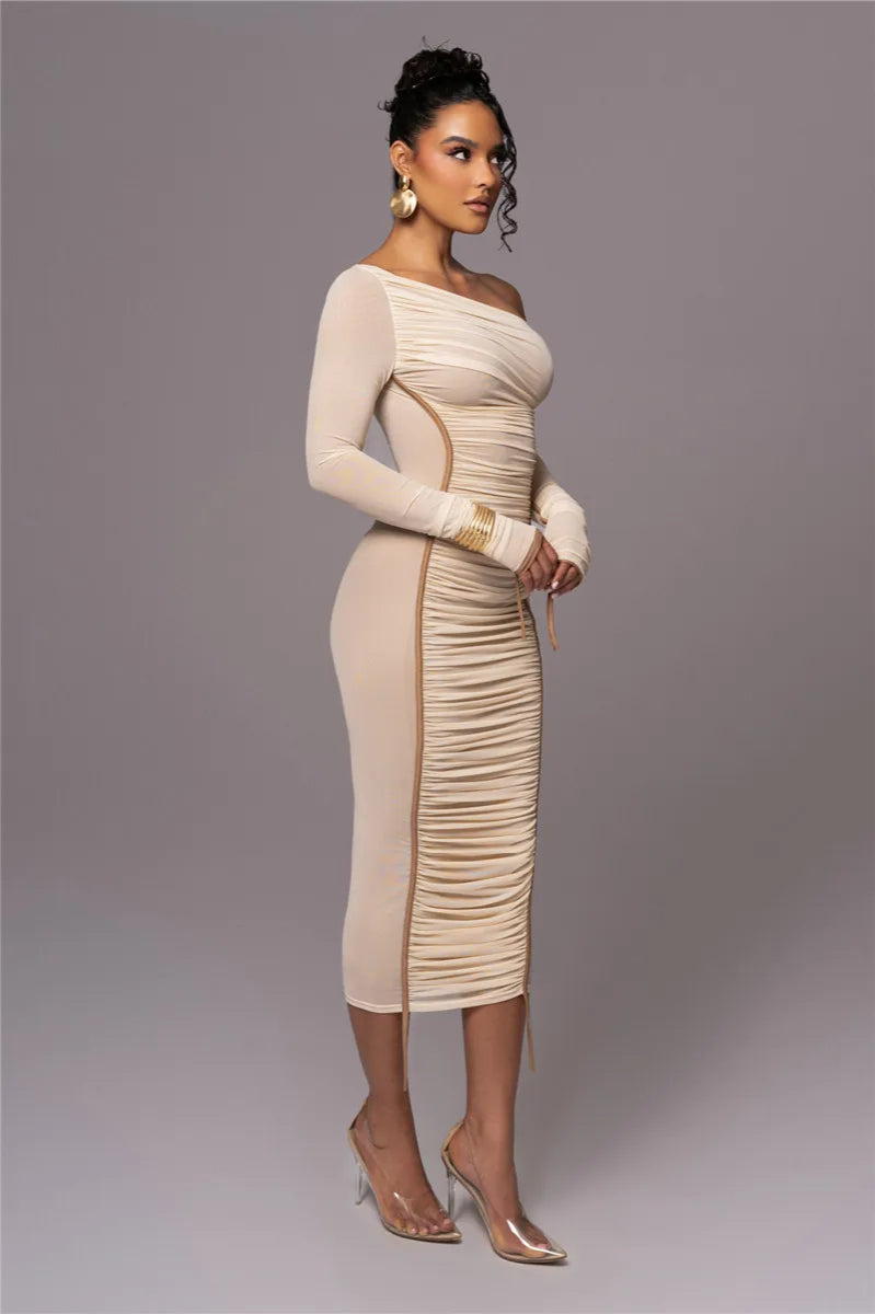 Asymmetric One-Shoulder Mesh Ruched Piping Drawstring Midi Dress