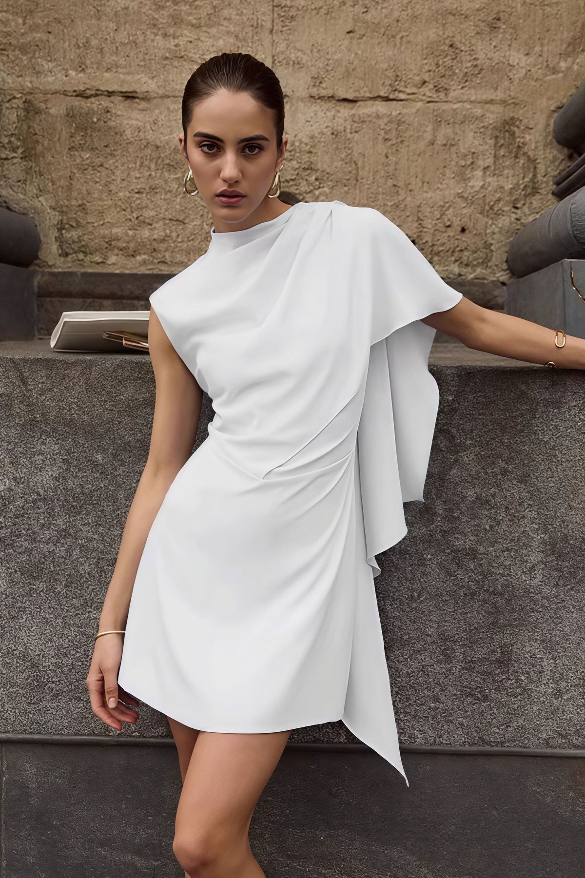Mock Neck Asymmetric Draped Cape Panel Mini Dress