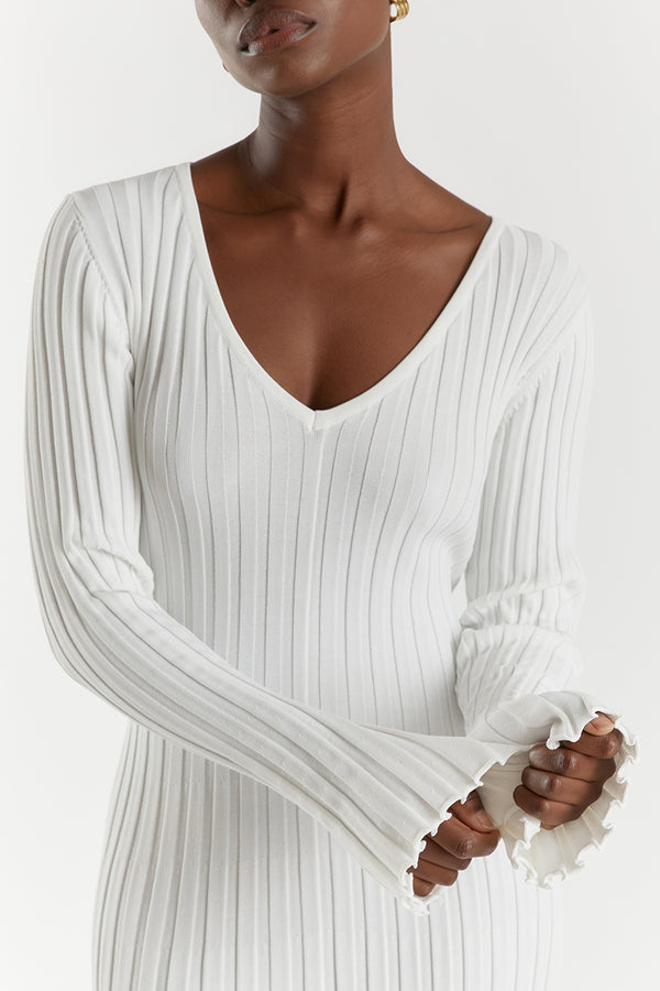 Rib Knit V-Neck Lettuce Edge Cuff Bodycon Maxi Dress