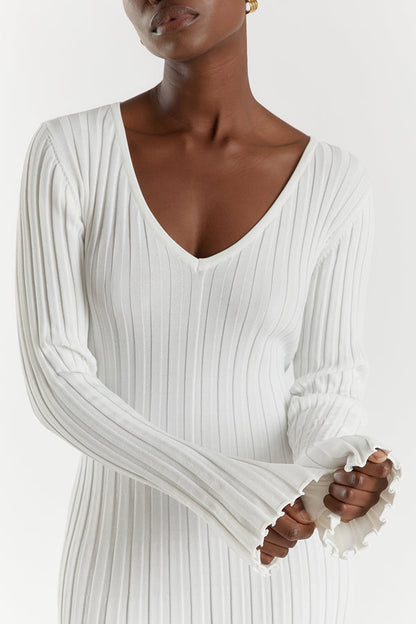 Rib Knit V-Neck Lettuce Edge Cuff Bodycon Maxi Dress