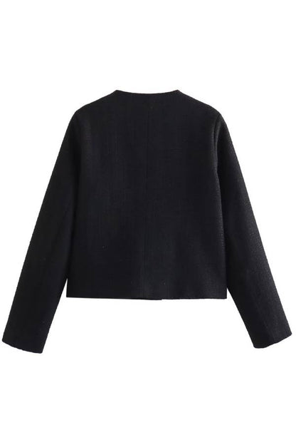 Round Neck Slim Fit Colorblock Women's Button Jacket