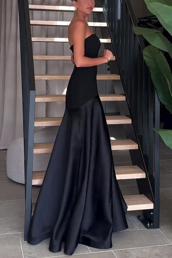 Sexy Strapless Satin Sleeveless Paneled Solid Formal Dress