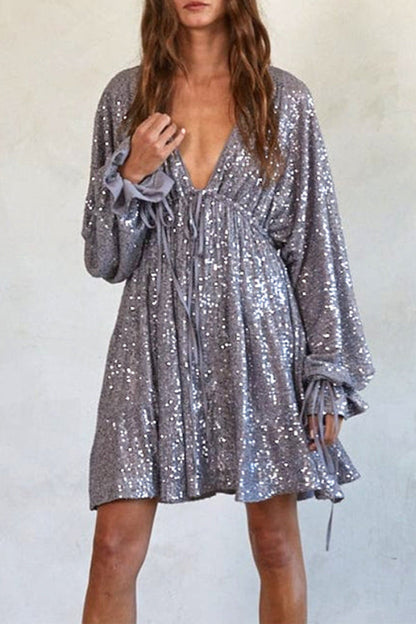 V Neck Balloon Sleeves Backless Drawstring Sequin Dress