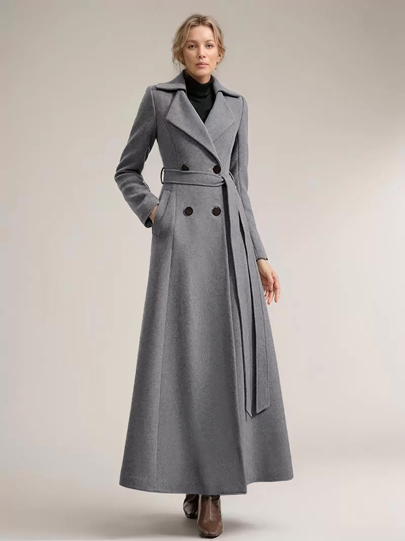 Full-length Woolen Coat For Women Wide Notched Lapel Double-breasted Belted Winter Outerwear In Solid Color 2026