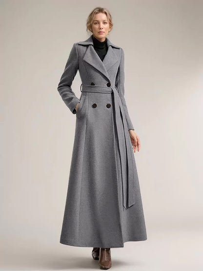 Full-length Woolen Coat For Women Wide Notched Lapel Double-breasted Belted Winter Outerwear In Solid Color 2026