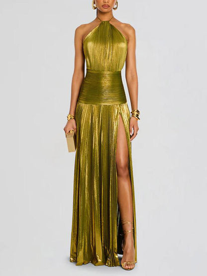 Party Dress Maxi Gold Sleeveless Backless Elegant Semi Formal Gown
