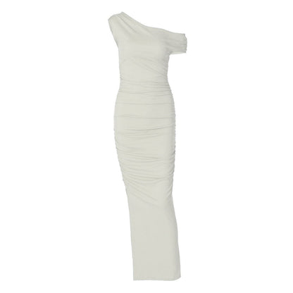 One shoulder ruched ribbed solid maxi dress