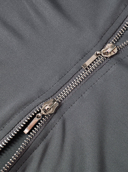 Grey Hip Pop Hooded Zip Up Short Long Sleeve Tee