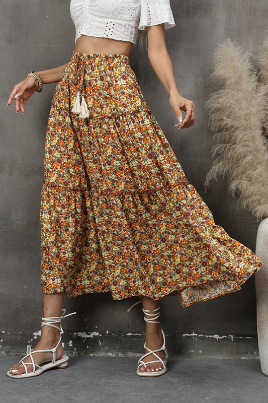 Floral fungus lace stitching layered skirt bohemian tassel seaside holiday beach skirt