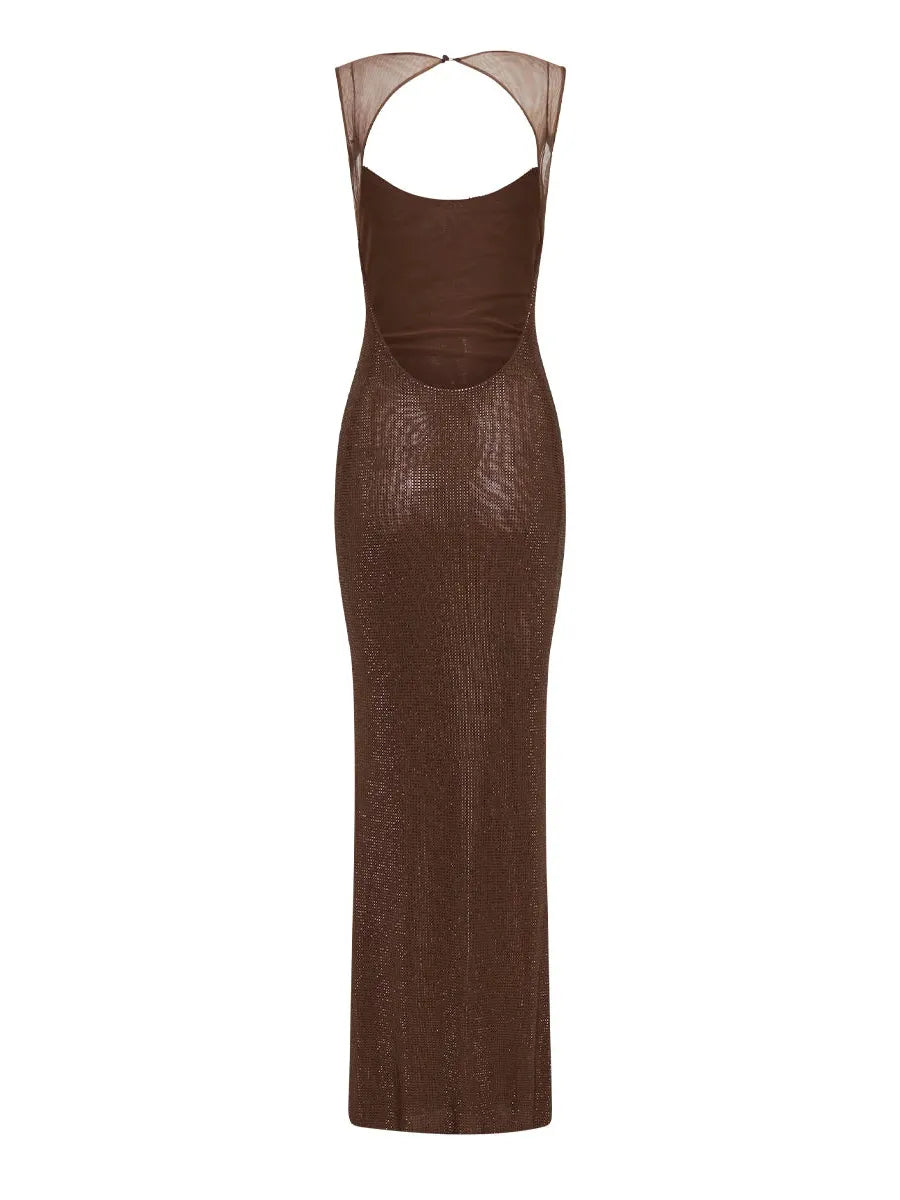 Scoop Neckline Backless Rhinestone Mesh Dress