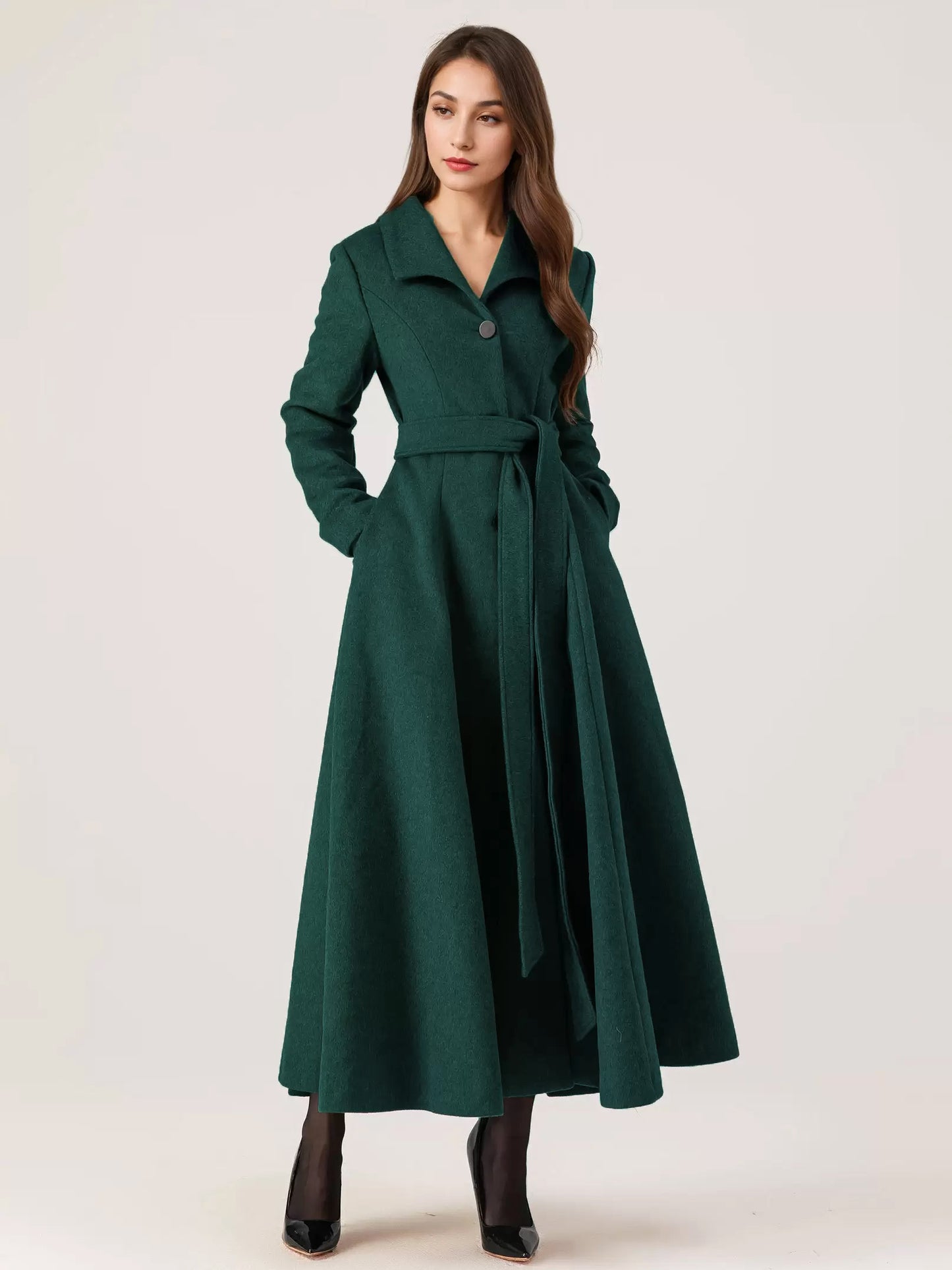 Long Woolen Flared Coat Gray Belted Winter Full Length Outerwear For Women 2026