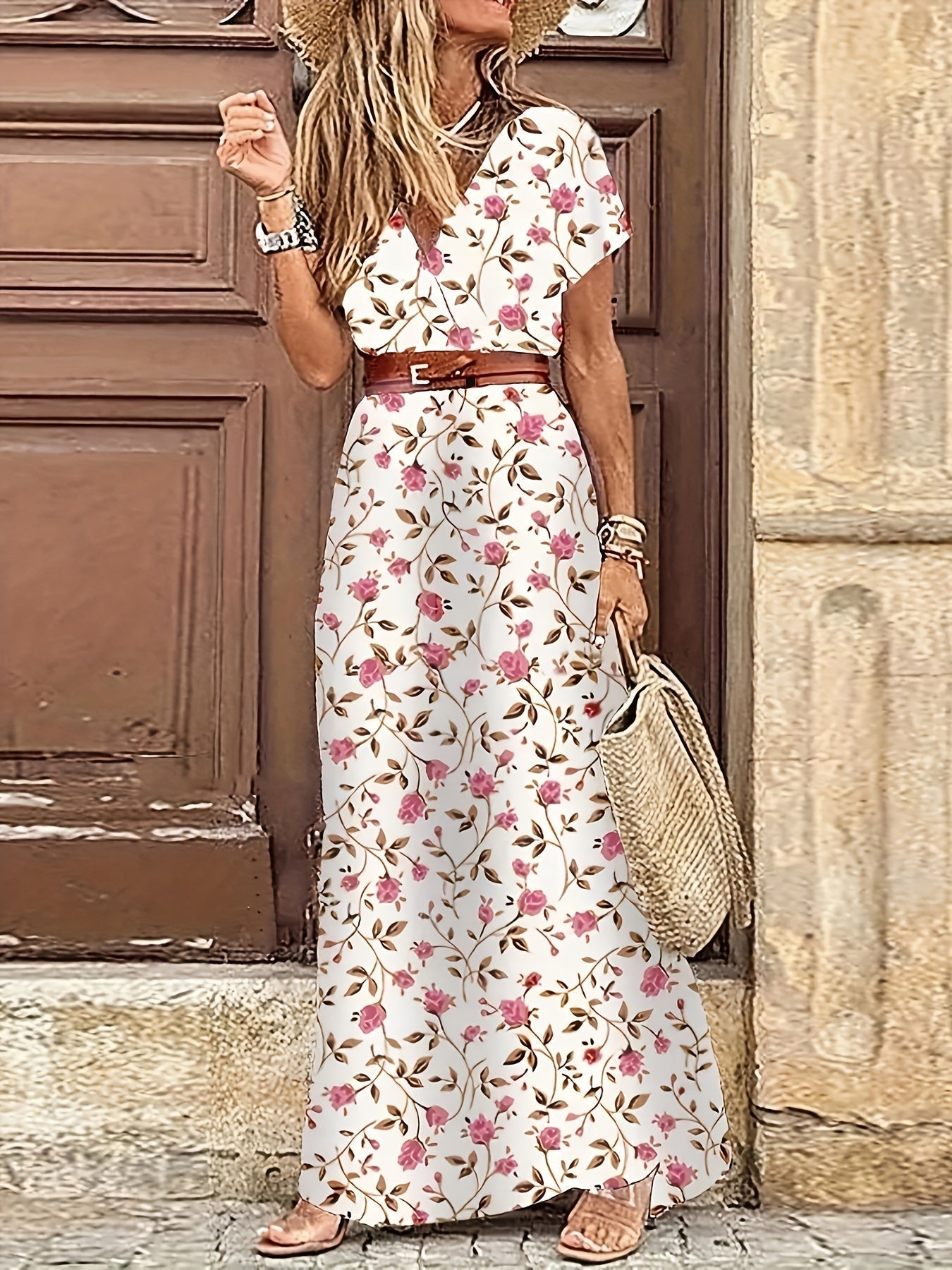 Paisley Print V-Neck Short Sleeve Belted Side Slit Maxi Dress
