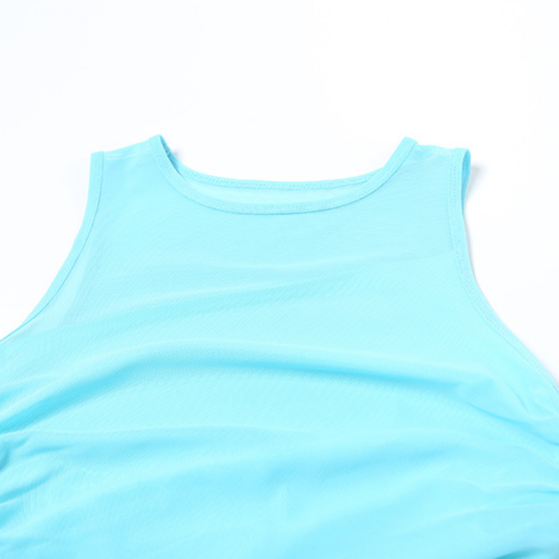 Ruched crewneck mesh solid maxi dress