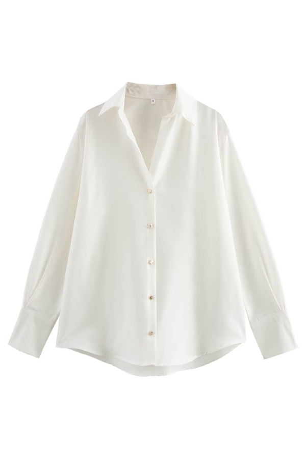 Solid Color Silk Satin Texture Single-breasted Long-sleeved Loose Shirt