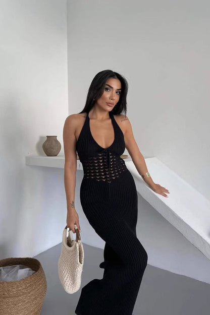 Sheer Halter Backless Maxi Dress