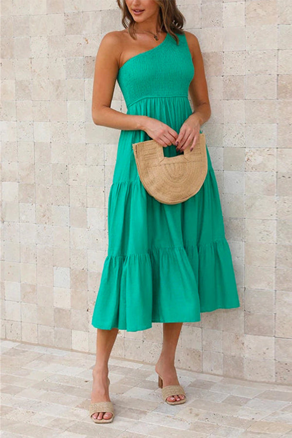 Solid One Shoulder Sleeveless Beach Dress