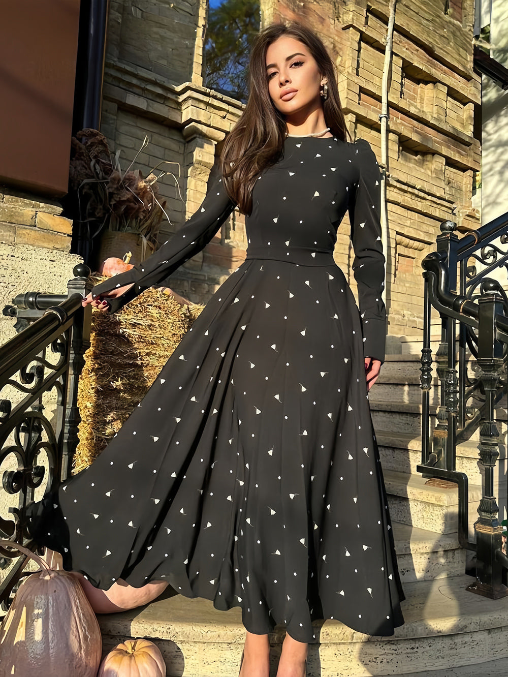 Triangle Printed Dress Round Neck Long Sleeves Casual Maxi Dresses