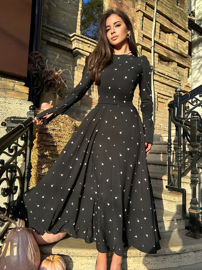 Triangle Printed Dress Round Neck Long Sleeves Casual Maxi Dresses