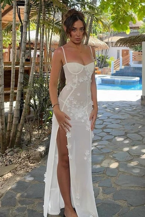 French 3D Floral Strap Waist-Cinched Split Maxi Dress