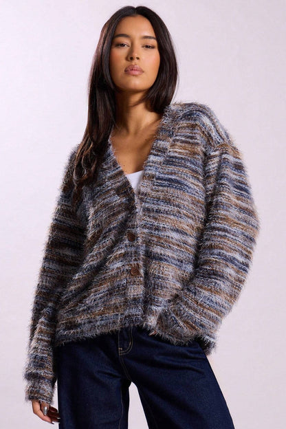 New Retro Fashion Deep V-Neck Maillard Plush Long-Sleeve Knit Cardigan