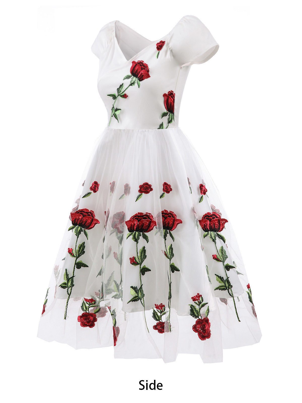 Rose Embroidered Vintage Midi Swing Dress for Women - 1950s Off Shoulder Style A-Line - Summer Tea Party 2026
