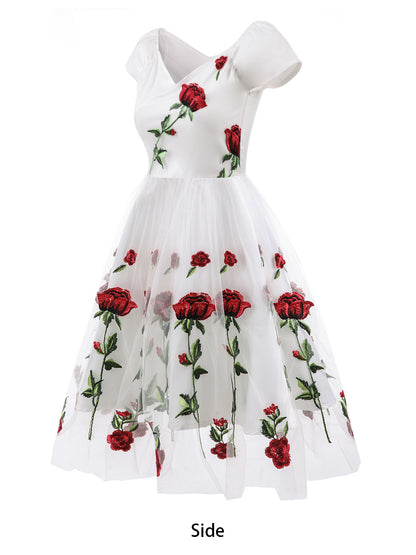 Rose Embroidered Vintage Midi Swing Dress for Women - 1950s Off Shoulder Style A-Line - Summer Tea Party 2026
